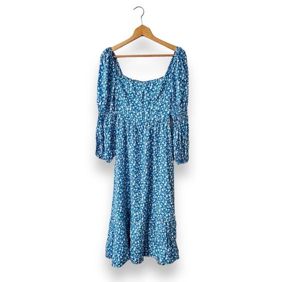Reformation Mica Floral Print Midi Dress Long Sleeve Square Neck Blue 0 Women’s - Picture 2 of 11